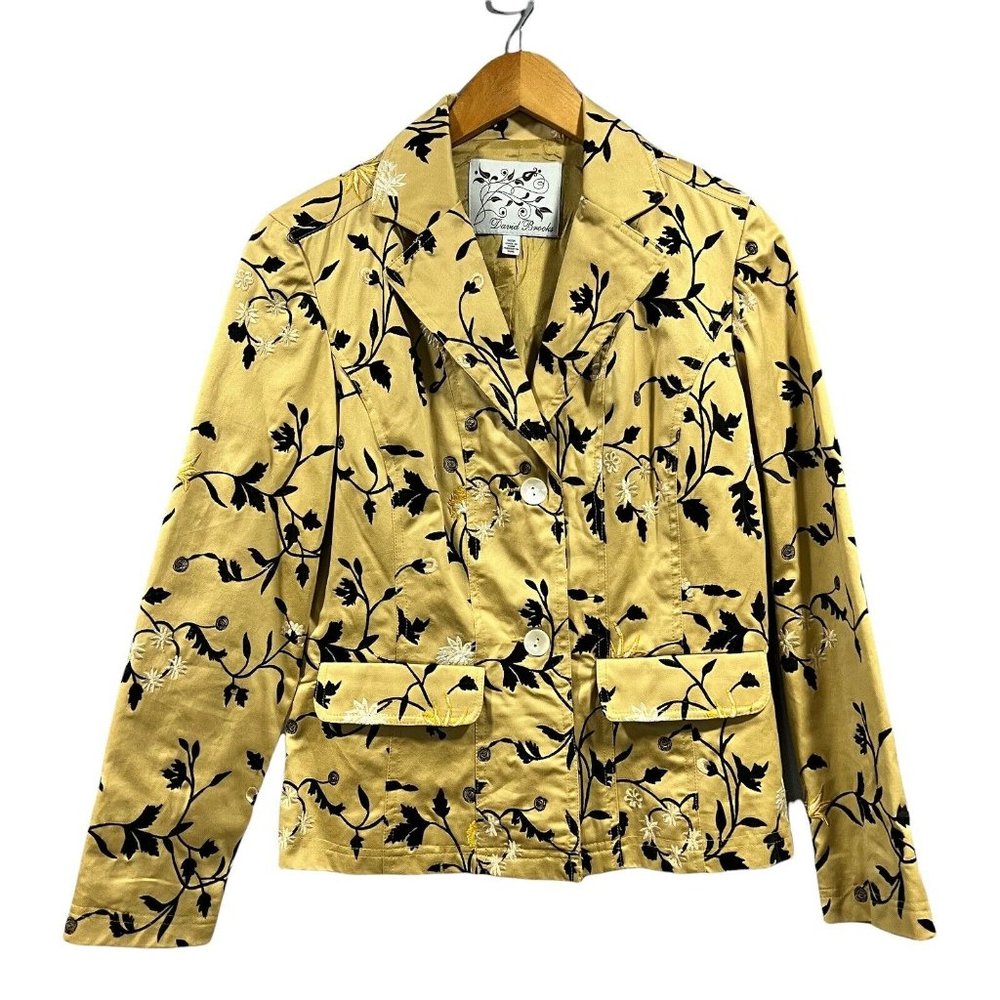 David Brooks Gold Floral Embroidered Notch Lapel Blazer Size M